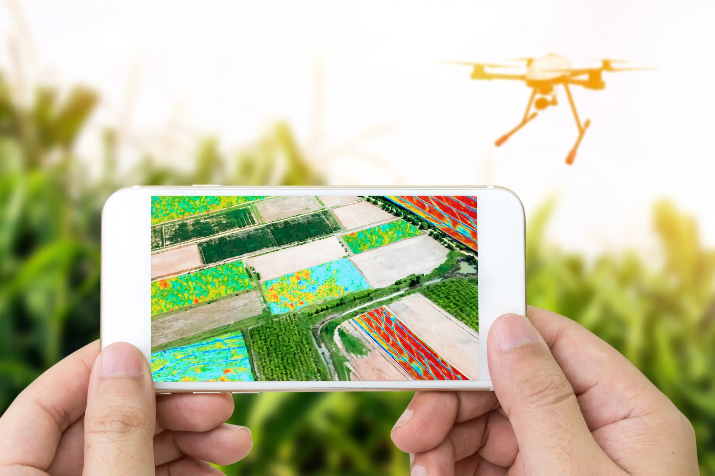 Depiction of someone using a GIS software on their phone to analyze their drone visual data