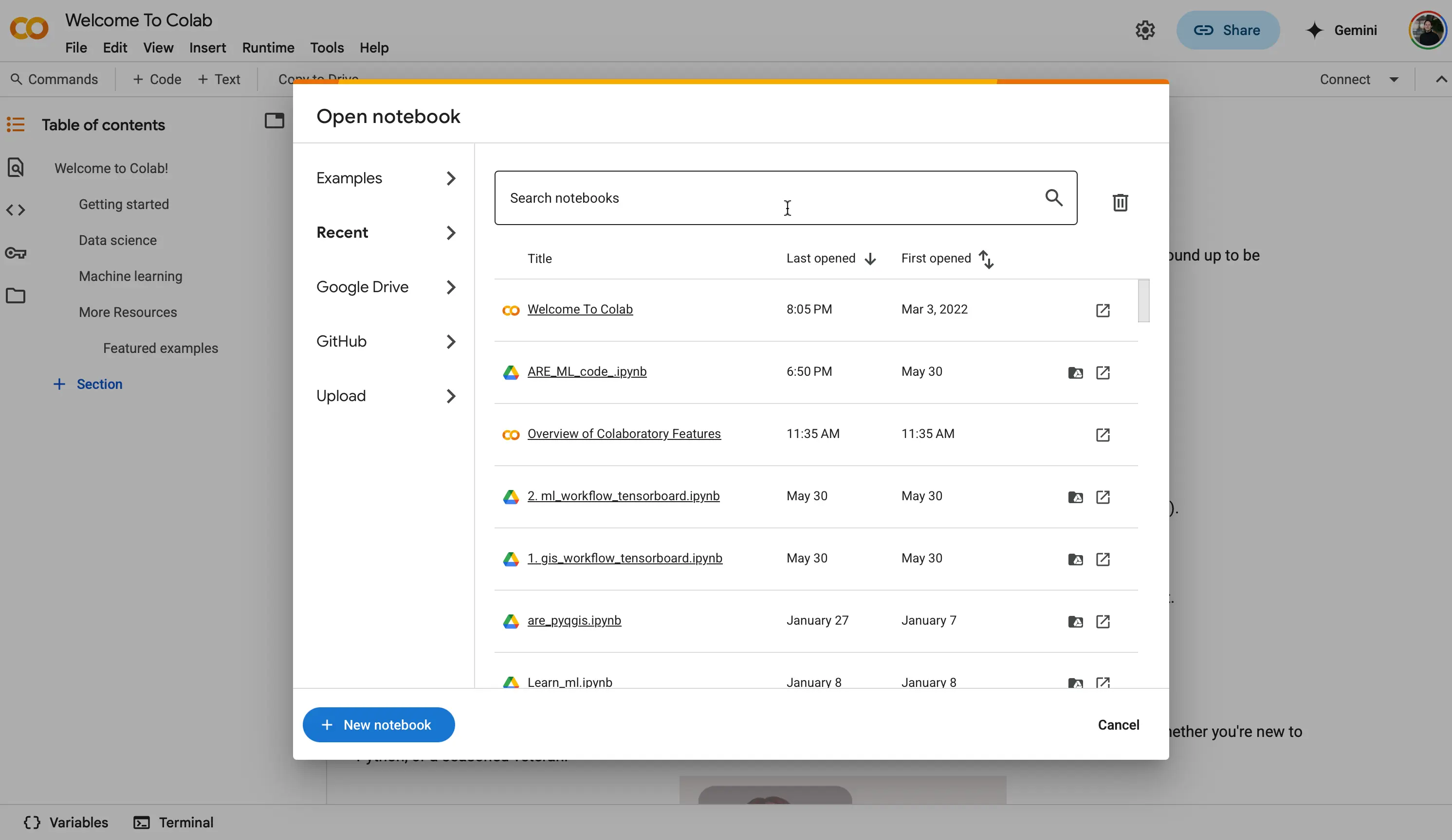 Welcome screen of Google Colab