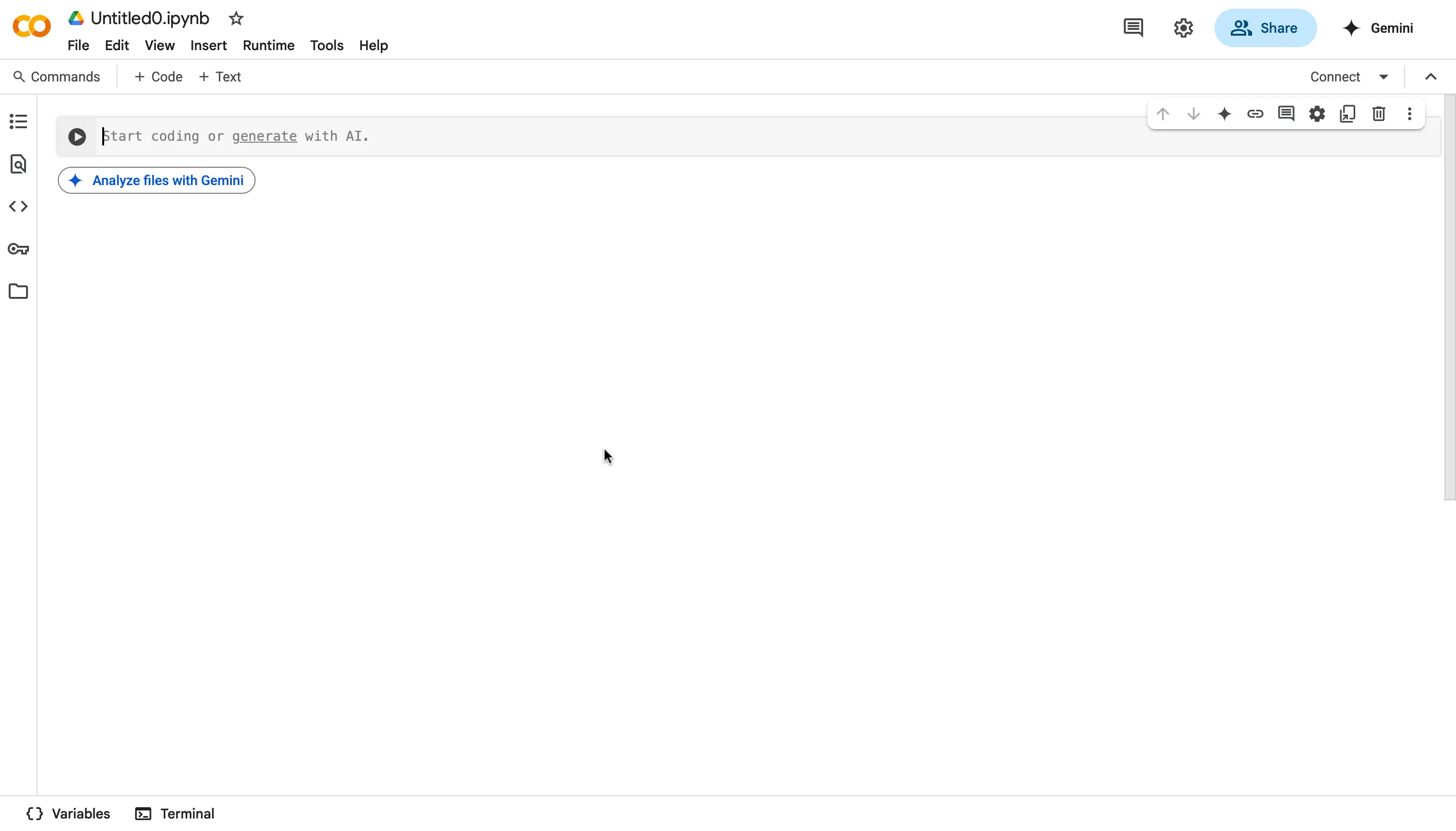 Google Colab new notebook screen
