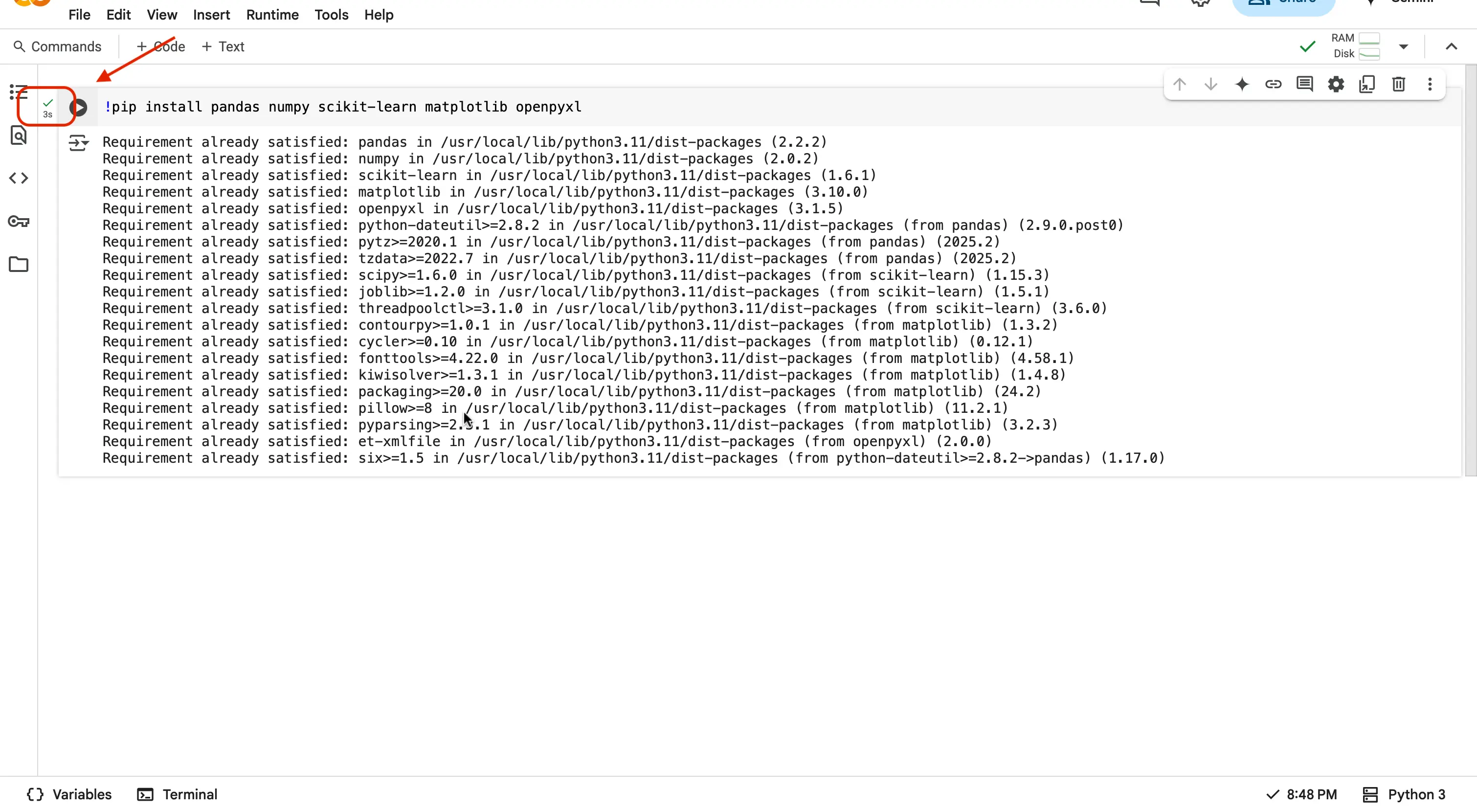 Running code in a cell successful