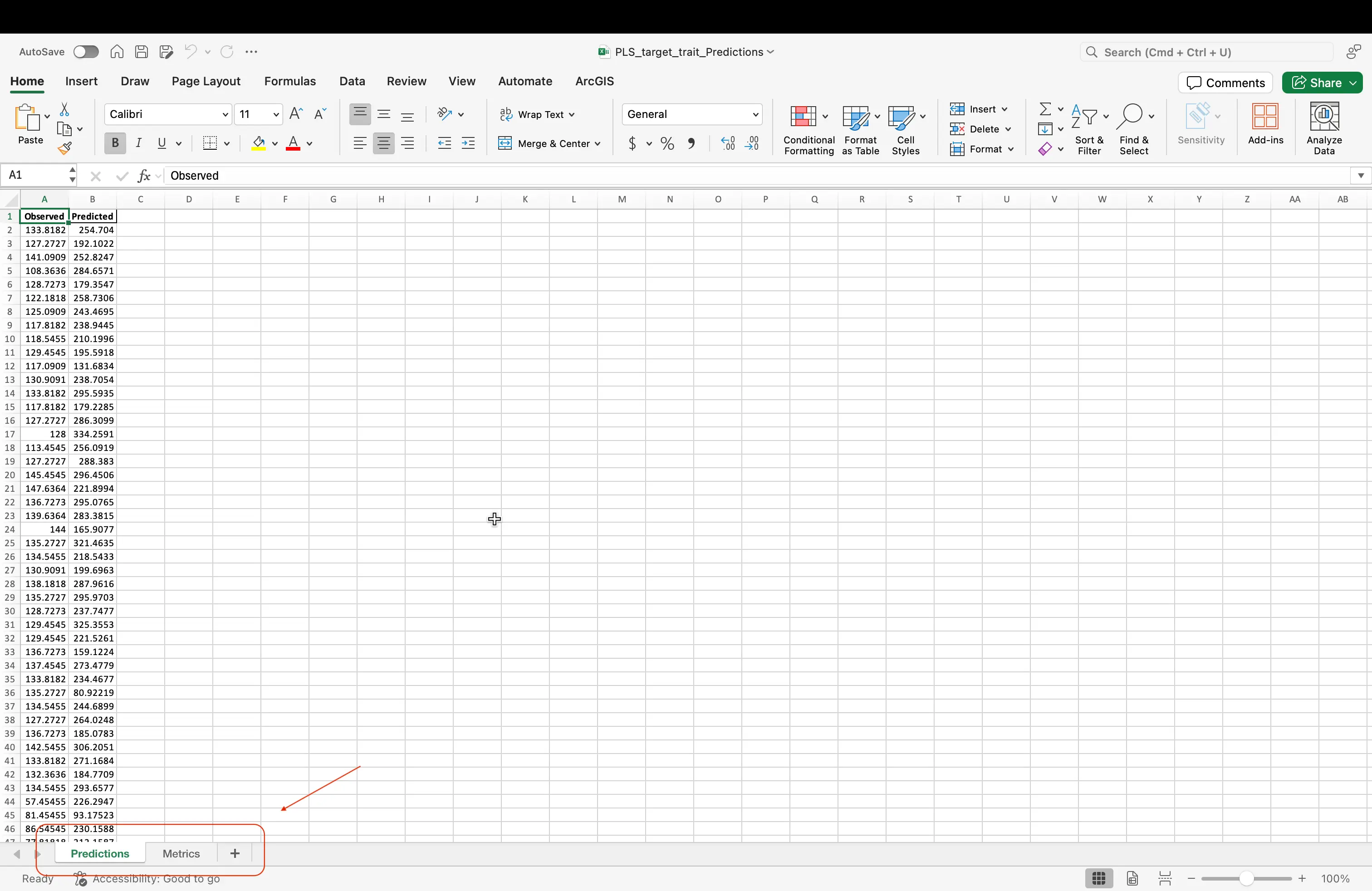 Showing the excel file where the predictions vs metrics are at the bottom of the sheet 