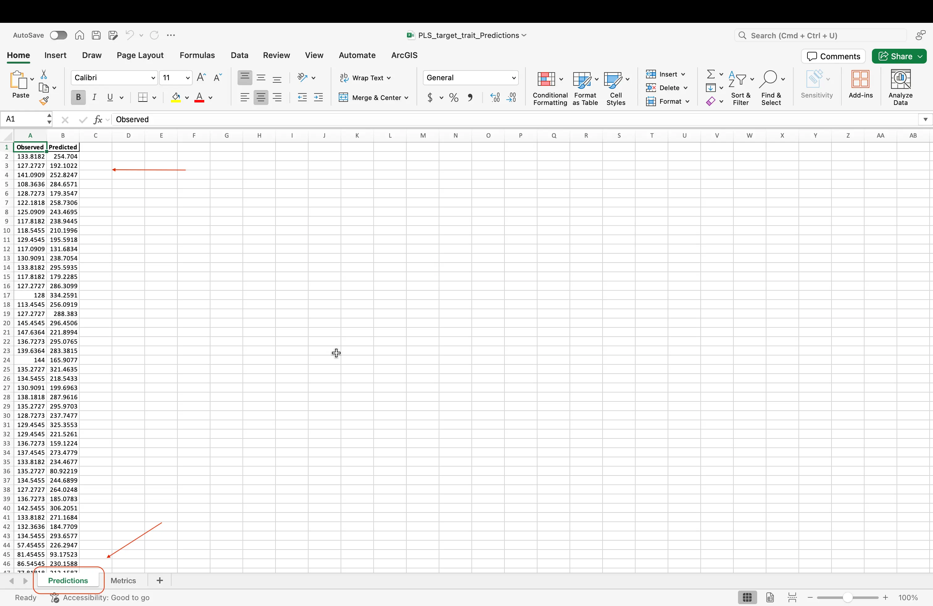 Showing the excel file where the the observed vs. predicted are at the bottom of the sheet 
