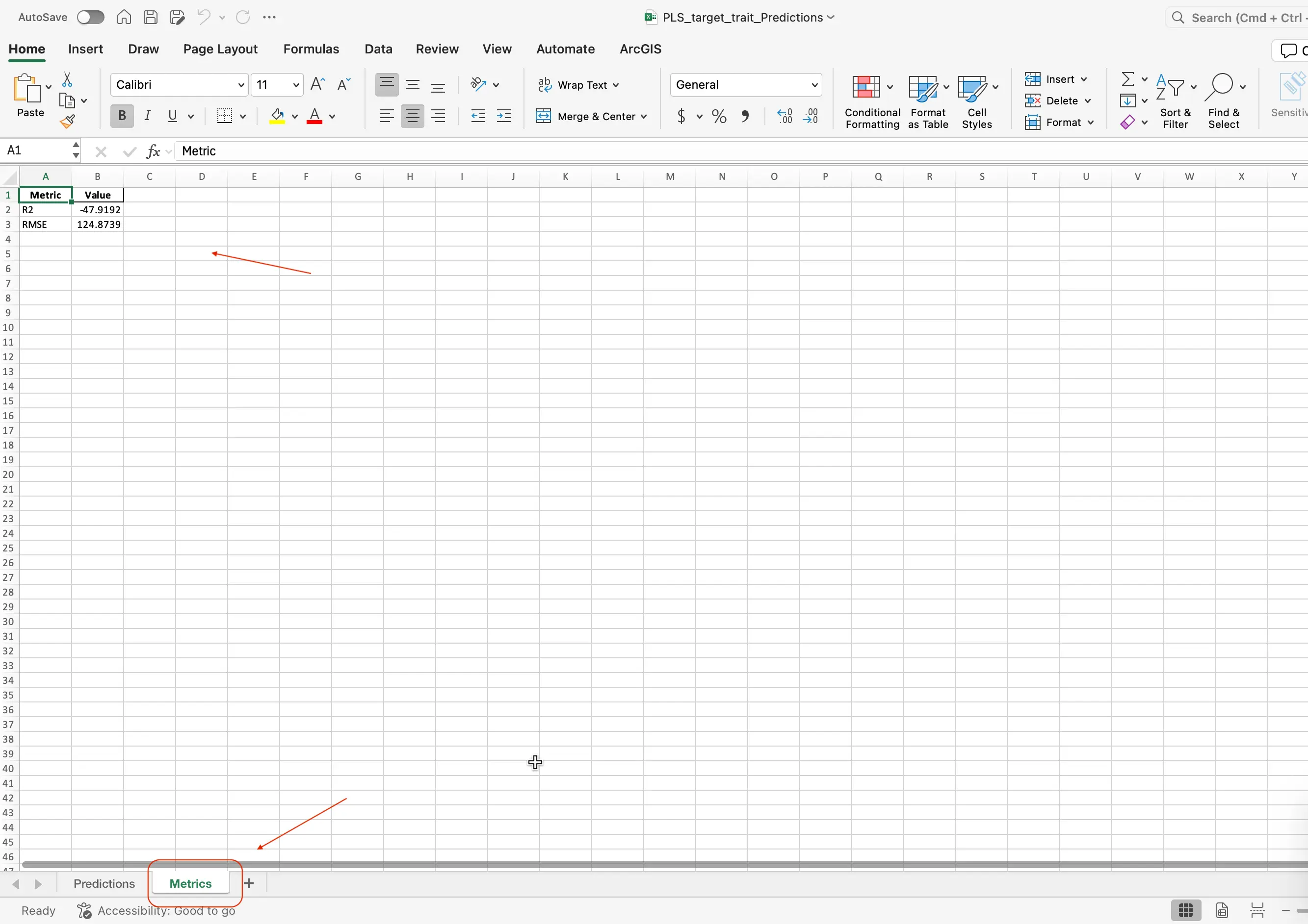 Showing the excel file where the the metrics are at the bottom of the sheet 