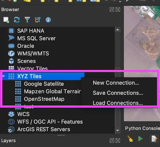 Finding the XYZ Tiles tab, to then find the New Connection button