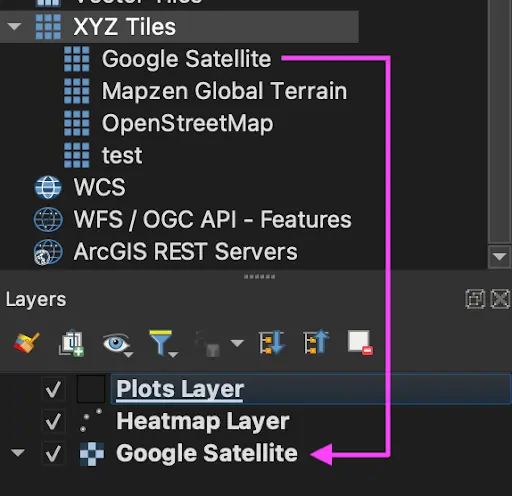 Dragging the Google Satellite tab to the Layers tab