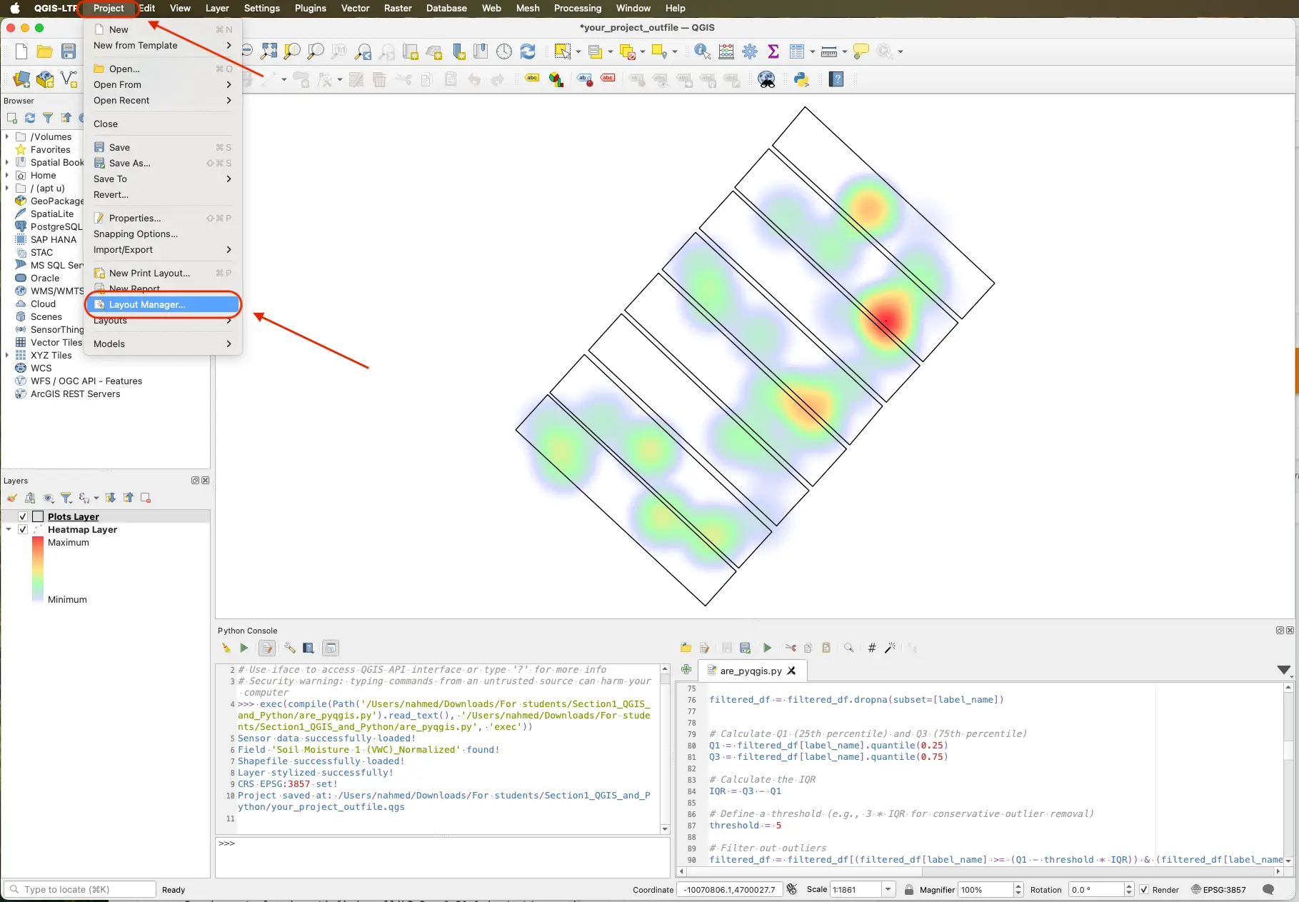 Finding the Project button and then the Layout Manager button